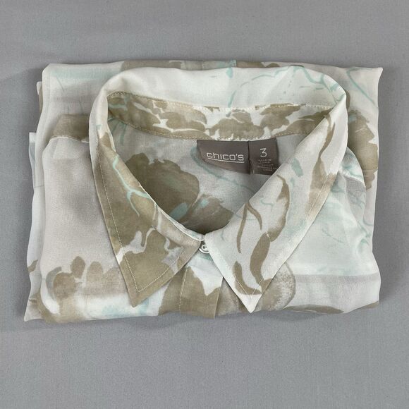 Chico's Floral Print Collared 3/4 Sleeve Blouse Women's 3 / XL Sheer White - Picture 4 of 13